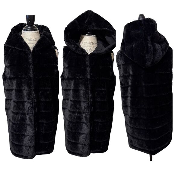 Mark Alan Faux Fur Hooded Vest Jacket Black Size Medium - Picture 1 of 13